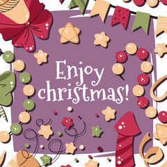 Christmas Card with Fireworks, Crackers and Confetti. Flat Vector Banner for Holiday Social Media Posts, Festive Posters, Website Headers and Party Invitations