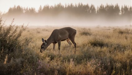 Fototapeta premium Mule Deer Grazing in Misty Meadow at Sunrise.