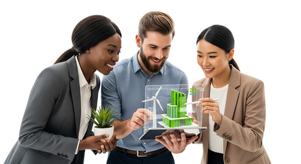 Diverse group of business professionals examining a green energy model with wind turbines and solar panels, isolated on transparent background