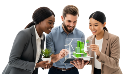 Diverse group of business professionals examining a green energy model with wind turbines and solar panels, isolated on transparent background