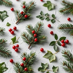 Realistic pine branches with red berries and green leaves on soft off-white background, natural lighting and subtle shadows