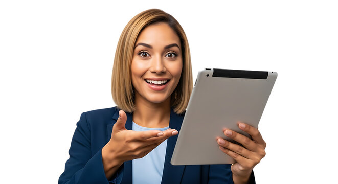 Excited woman holding a tablet and gesturing, isolated on transparent background