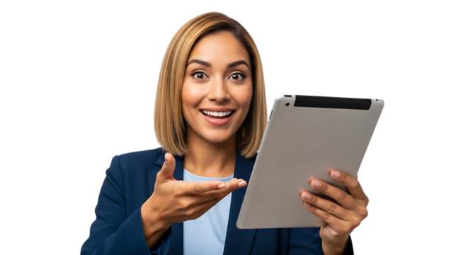 Excited woman holding a tablet and gesturing, isolated on transparent background