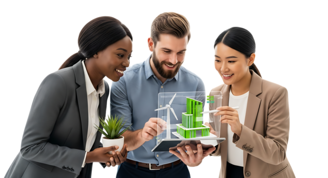Diverse group of business professionals examining a green energy model with wind turbines and solar panels, isolated on transparent background