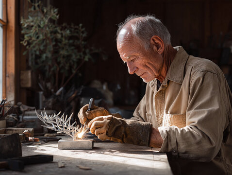 Artisan at work Senior craftsman meticulously welds a metal sculpture. Light, shadow, and sparks illuminate dedication and skill. Ideal for craftsmanship, industry, or retirement themes.