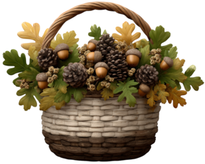Rustic basket with pinecone, acorn, and leaf bountiful fall harvest decoration. Warm and festive feeling of an autumn arrangement for Thanksgiving or seasonal decor