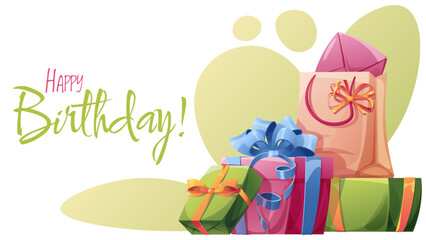 Birthday banner with colorful gift boxes and ribbons on a festive background. Perfect for greeting cards, party posters, flyers, websites, social media posts, and printing.