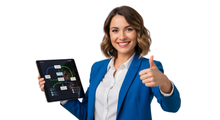Smiling businesswoman in blue blazer holding a tablet with a flowchart and giving a thumbs up, isolated on transparent background