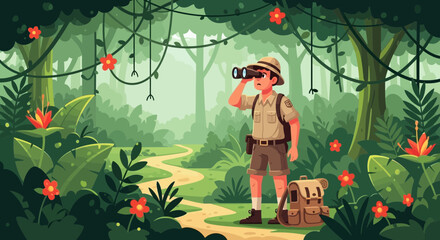 Enthusiastic young explorer using binoculars, amidst vibrant flora and verdant jungle foliage