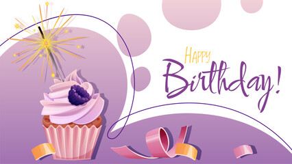 Festive Birthday Banner with Cupcake with Cream, Sparkler, Blackberries and Confetti. Perfect for Party Posters, greeting cards, Celebration Backgrounds, Invitations and Event Decorations.