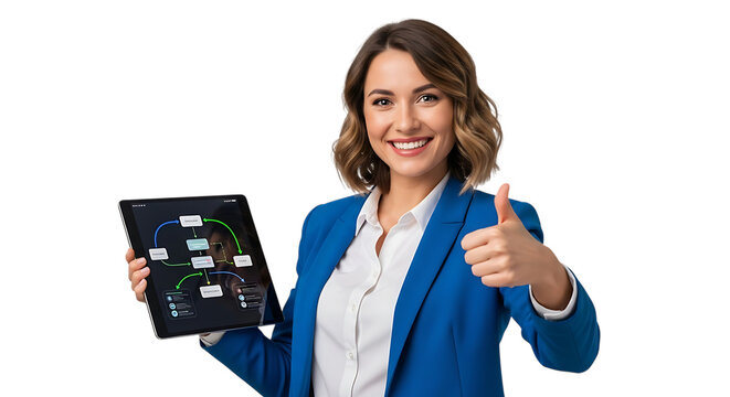 Smiling businesswoman in blue blazer holding a tablet with a flowchart and giving a thumbs up, isolated on transparent background