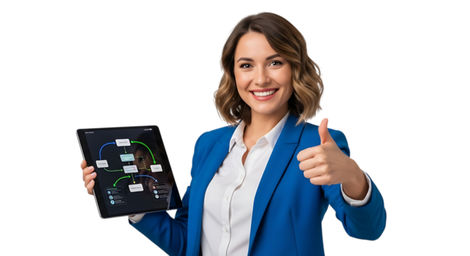Smiling businesswoman in blue blazer holding a tablet with a flowchart and giving a thumbs up, isolated on transparent background