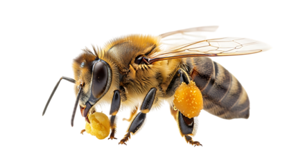 Closeup macro shot of a honey bee with pollen baskets full of yellow pollen, isolated on transparent background
