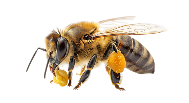 Closeup macro shot of a honey bee with pollen baskets full of yellow pollen, isolated on transparent background