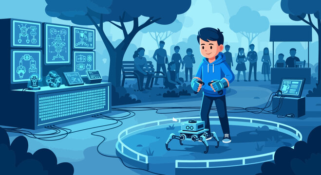 Young innovator demonstrates robotic technology at a science fair demonstration in a park