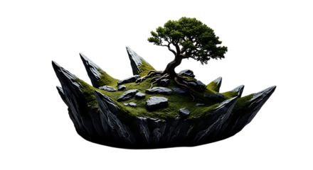 A solitary bonsai tree grows on a mossy, rocky island that appears to float in the air, isolated on transparent background