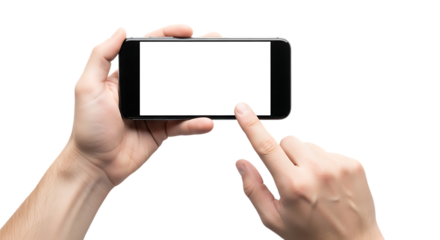 Hand holding a smartphone horizontally with a blank white screen, isolated on transparent background