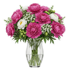 Obraz premium Vibrant pink and white peony flower bouquet in a crystal vase elegant floral arrangement isolated on transparent background