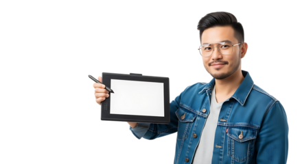 A smiling asian man wearing glasses and a denim jacket, holding a digital drawing tablet with a blank screen and stylus, isolated on transparent background