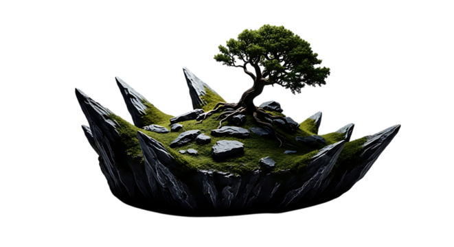 A solitary bonsai tree grows on a mossy, rocky island that appears to float in the air, isolated on transparent background