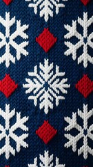 Photorealistic knitted pattern with dark blue background, white snowflake motifs and red accent shapes, maintaining repeating structure and wool texture