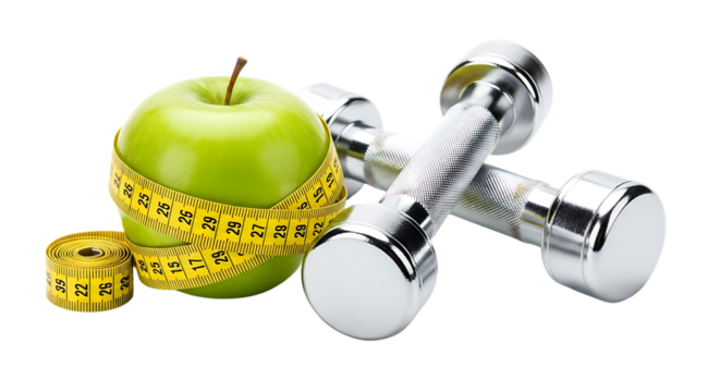 Green apple with a measuring tape and dumbbells, isolated on transparent background