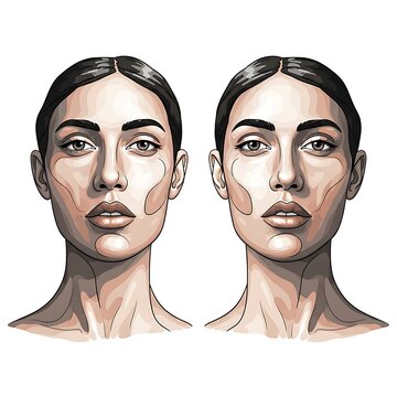 Contouring Illustration - Two Faces with Highlighted Areas for Makeup Application.