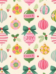 Photo-realistic Christmas ornament pattern on light beige with colorful baubles, floral/pinstripe designs, 'CHEER', pink/green bows, holly, foliage, hand-painted watercolor texture