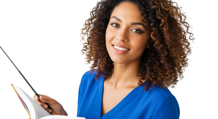 Smiling woman with curly hair holding a book and pointer stick isolated on transparent background