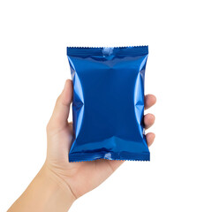 Hand Holding Blue Bag of Chips Isolated on Transparent Background