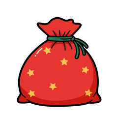 A red sack with yellow stars, tied with a green ribbon, isolated on a white background.