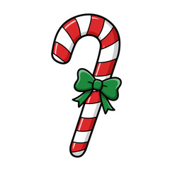 Cartoon illustration of a candy cane with red and white stripes, decorated with a green bow.
