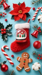 Photo-realistic Christmas pattern with red fuzzy stocking, glass snow globe, vibrant red poinsettia, candy canes, gingerbread man, holly, pine branches, bells, and cotton on soft light blue background
