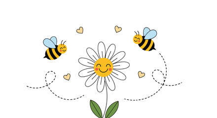 Cute bees flying around a happy daisy with hearts floating above.