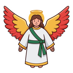 Cartoon illustration of an angel with red and gold wings, halo, and a green sash.
