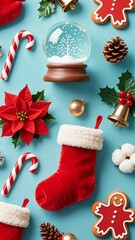 Photo-realistic Christmas pattern with red fuzzy stocking, glass snow globe, vibrant red poinsettia, candy canes, gingerbread man, holly, pine branches, bells, and cotton on soft light blue background