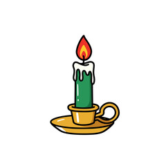 Illustration of a green candle burning with a bright flame, set in a gold candlestick with a handle.