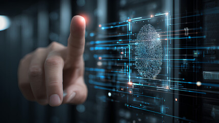 Cyber security system and data protection concept. Man using fingerprint scanning access data with data center as background, biometric identity, data encryption for network security of cyber attack
