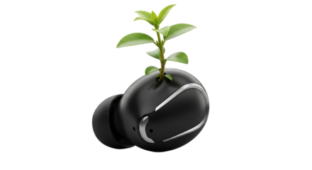 A single black wireless earbud with a small green plant growing out of it, isolated on transparent background