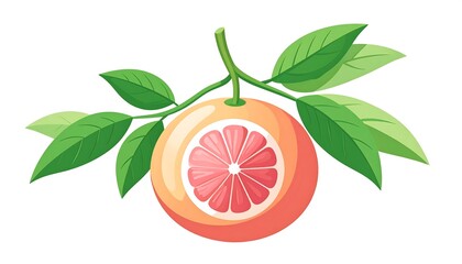 A grapefruit with leaves on a branch.  Fresh fruit illustration