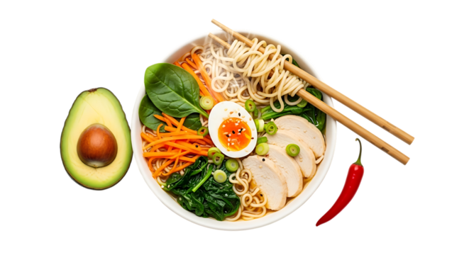 Delicious bowl of ramen noodles with chicken, egg, spinach, carrots, and avocado, isolated on transparent background - Powered by Adobe