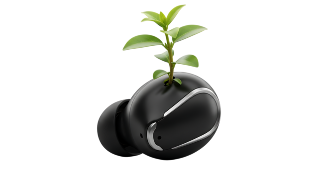 A single black wireless earbud with a small green plant growing out of it, isolated on transparent background