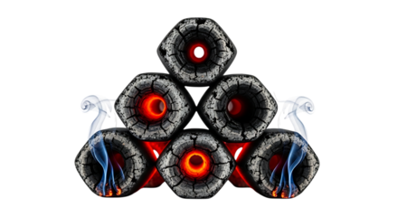 Hexagonal charcoal briquettes with glowing red embers and blue flames, isolated on transparent background