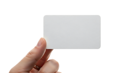 Hand holding a blank white card isolated on transparent background