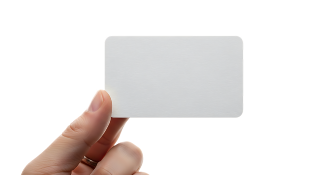 Hand holding a blank white card isolated on transparent background
