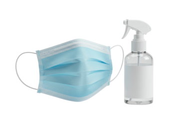 Face mask and hand sanitizer bottle transparent background cutout png
