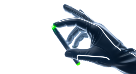 A gloved hand holding a stylus with a glowing green tip, isolated on a transparent background