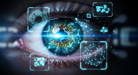 Close up of human eye with digital interface elements and network connections overlayed on the iris
