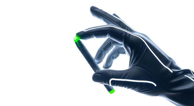 A gloved hand holding a stylus with a glowing green tip, isolated on a transparent background