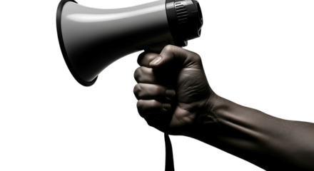Hand holding a megaphone communication concept transparent background